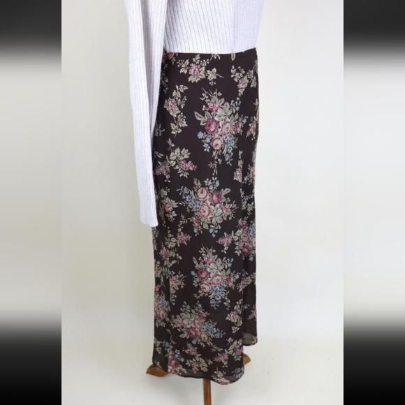 90s Vintage Ralph Lauren Brown Floral Chiffon Autumnal Skirt - Picture 7 of 8
